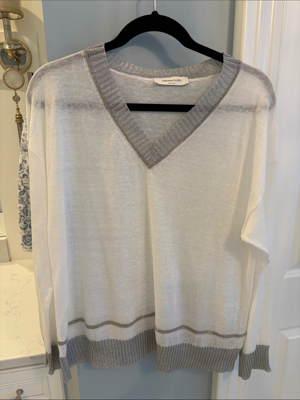Fabiana Filippi, designer label. White V-Neck Sweater $495 original. Fit like m